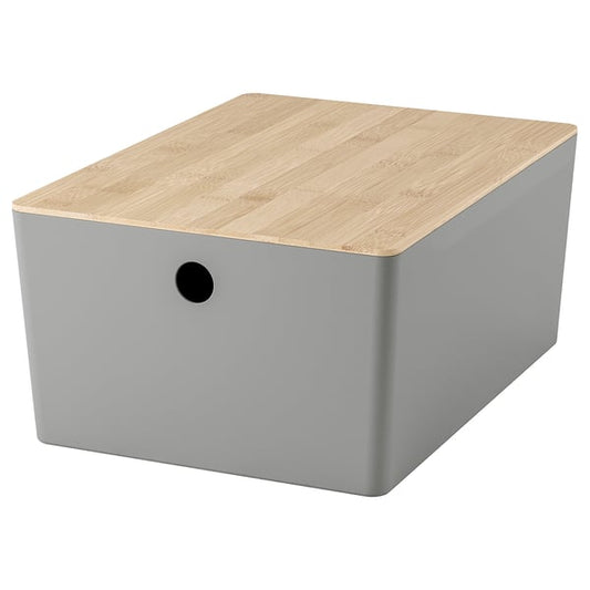 KUGGIS - KUGGIS Box with lid, light grey/bamboo, 26x35x15 cm