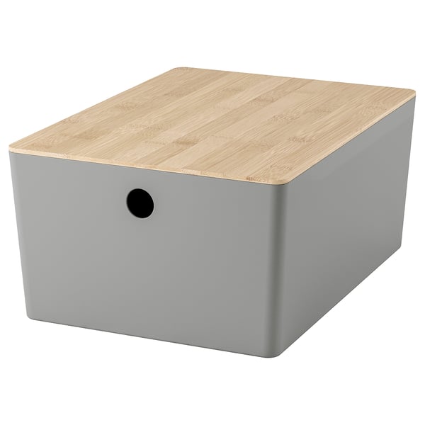 KUGGIS box with lid, light grey/bamboo, 26x35x15 cm