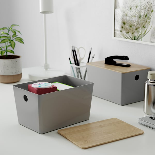 KUGGIS - KUGGIS Box with lid, light grey/bamboo, 18x26x15 cm