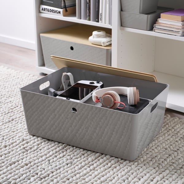 KUGGIS - KUGGIS Box with lid, light grey/bamboo, 37x54x21 cm