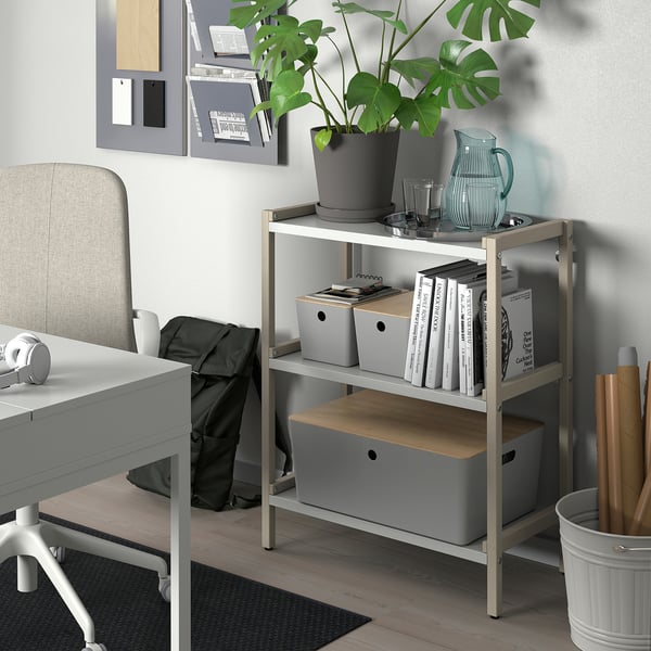 KUGGIS box with lid, light grey/bamboo, 37x54x21 cm