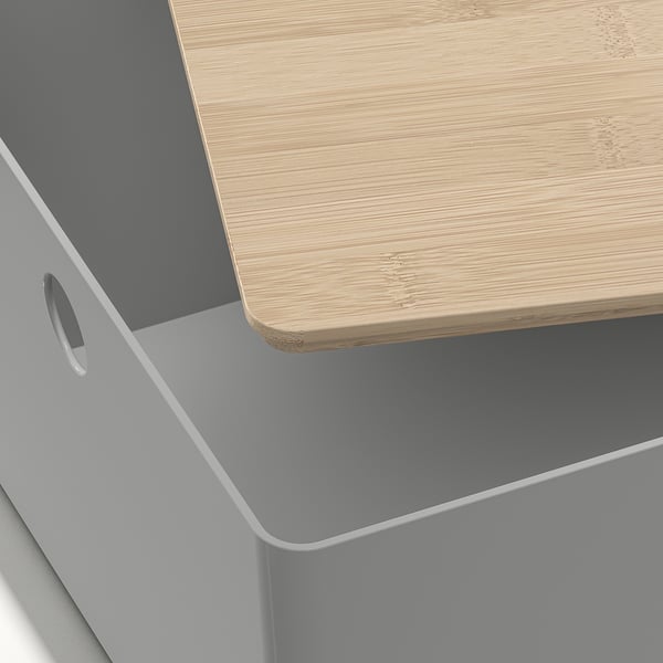 KUGGIS box with lid, light grey/bamboo, 26x35x15 cm