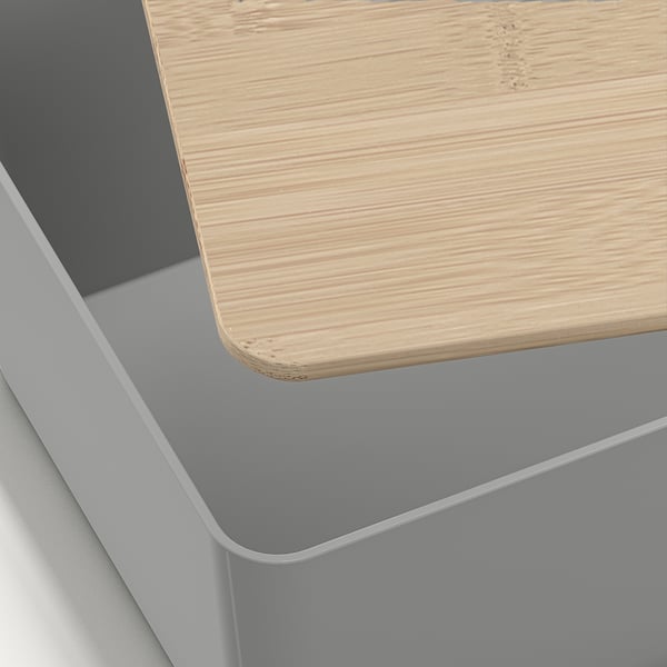 KUGGIS box with lid, light grey/bamboo, 13x18x8 cm