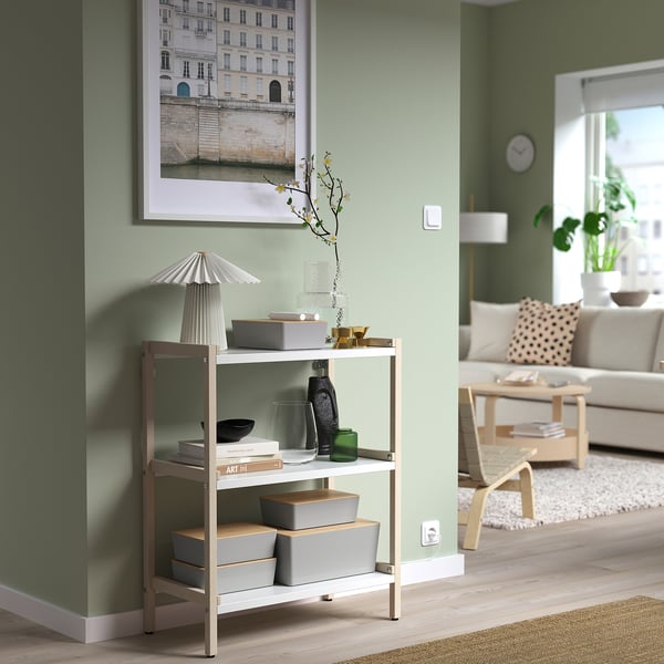 KUGGIS box with lid, light grey/bamboo, 26x35x15 cm