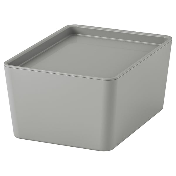 KUGGIS box with lid, light grey, 13x18x8 cm