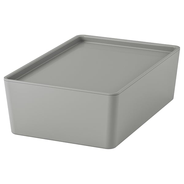 KUGGIS box with lid, light grey, 18x26x8 cm