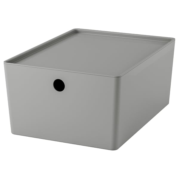 KUGGIS box with lid, light grey, 26x35x15 cm