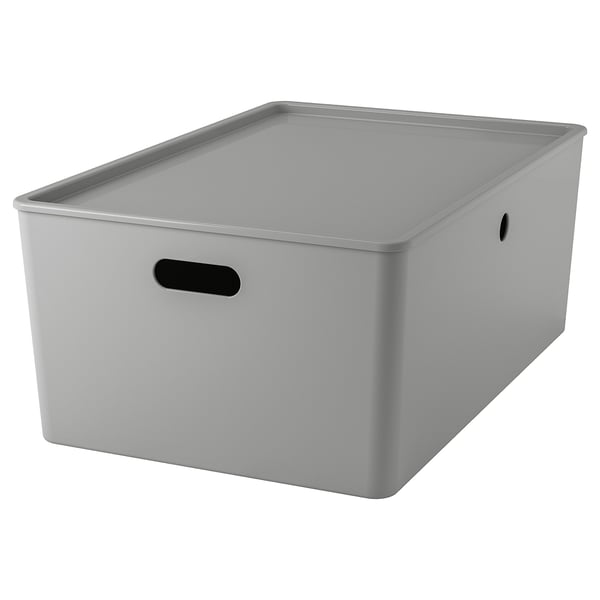 KUGGIS box with lid, light grey, 37x54x21 cm