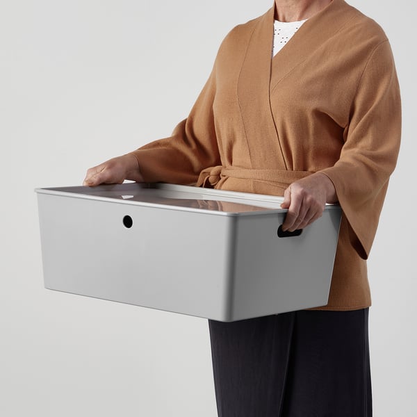 KUGGIS box with lid, light grey, 37x54x21 cm