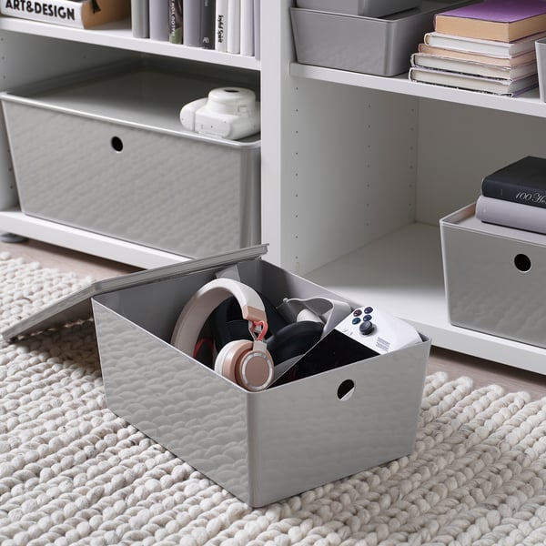 KUGGIS box with lid, light grey, 26x35x15 cm