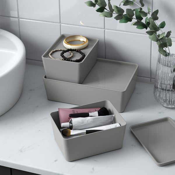 KUGGIS box with lid, light grey, 13x18x8 cm