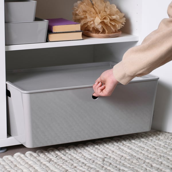 KUGGIS box with lid, light grey, 37x54x21 cm