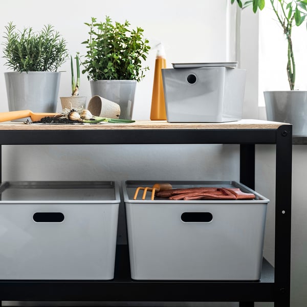 KUGGIS box with lid, light grey, 37x54x21 cm