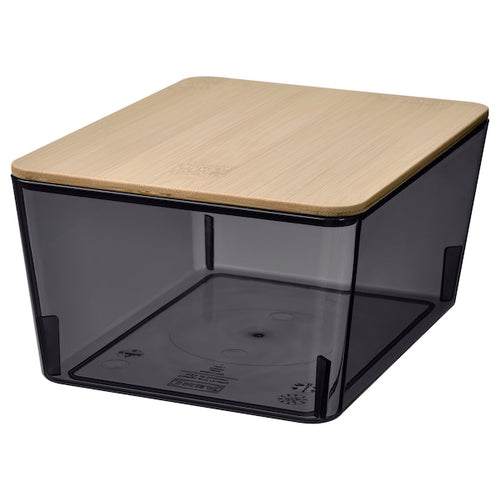 KUGGIS - Box with lid, transparent black/bamboo, 13x18x8 cm