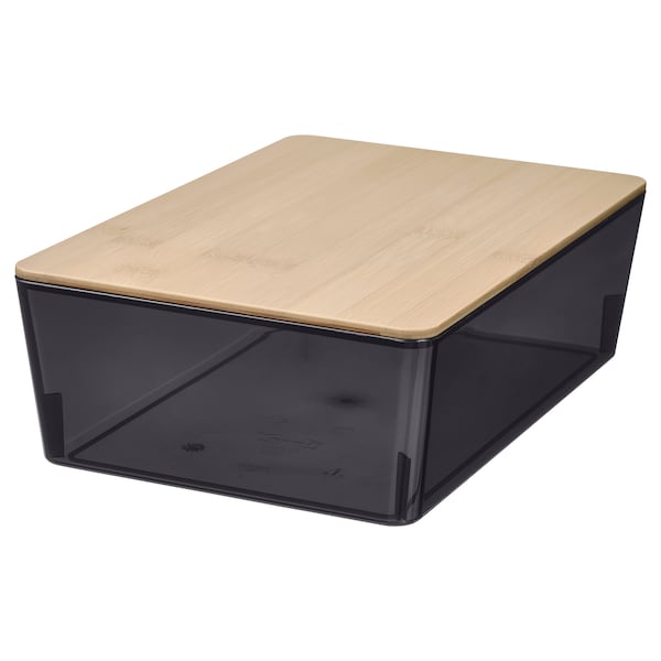 KUGGIS - Container with lid, black transparent/bamboo,18x26x8 cm