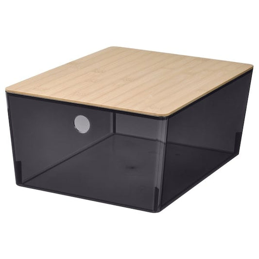 Ikea KUGGIS - Box with lid, transparent black/bamboo, 26x35x15 cm