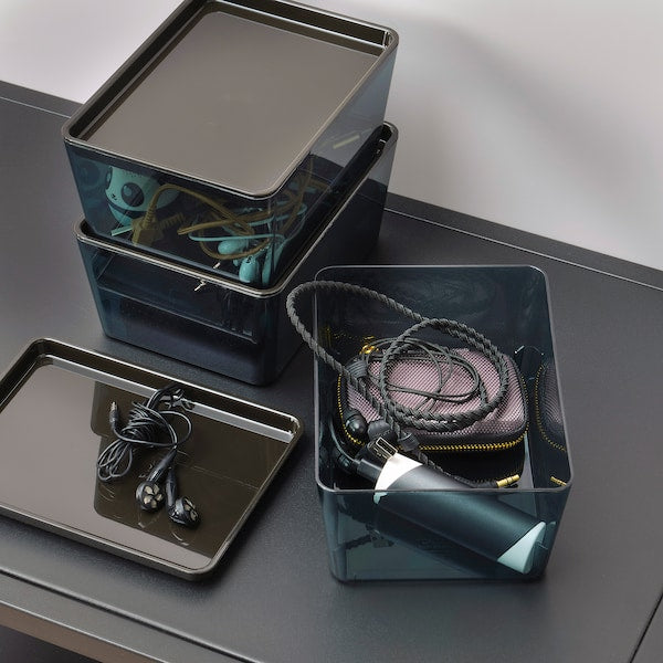 KUGGIS - Box with lid, transparent black, 13x18x8 cm