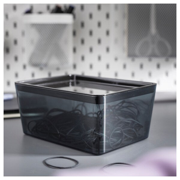 KUGGIS - Box with lid, transparent black, 13x18x8 cm