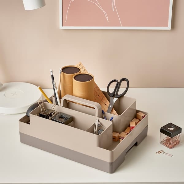 Ikea KUGGIS - Desk organiser set, 2 pieces, grey-beige/dark grey-beige, 26x35x16 cm