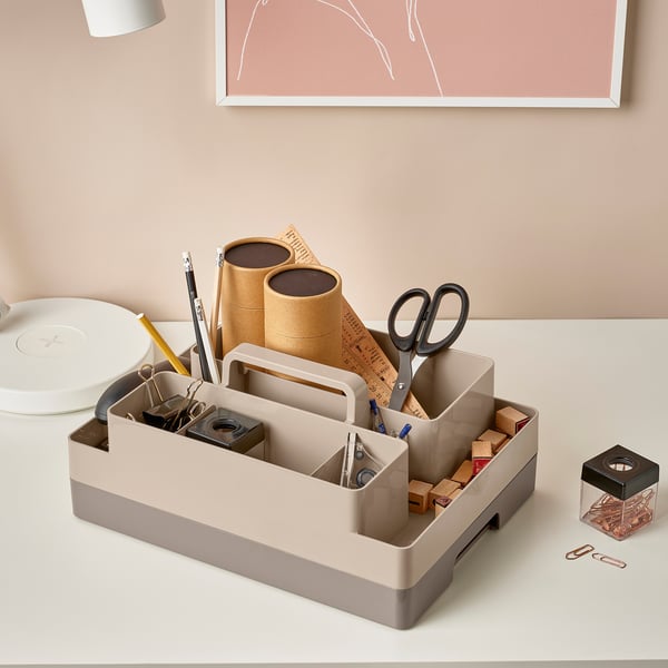 KUGGIS desk organiser set, 2 pieces, grey-beige/dark grey-beige, 26x35x16 cm