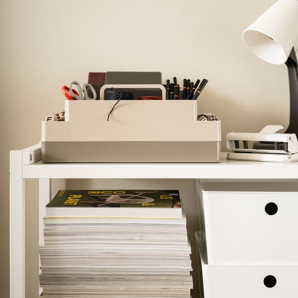KUGGIS desk organiser set, 2 pieces, grey-beige/dark grey-beige, 26x35x16 cm