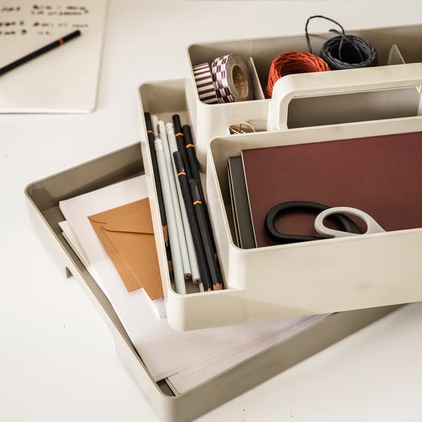 KUGGIS desk organiser set, 2 pieces, grey-beige/dark grey-beige, 26x35x16 cm