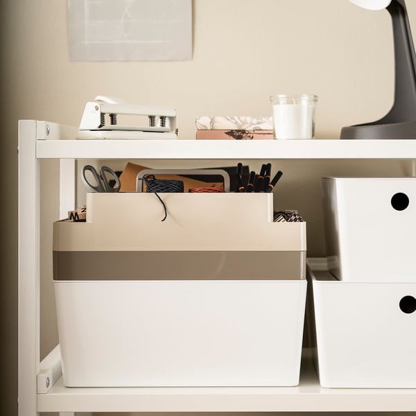 KUGGIS desk organiser set, 2 pieces, grey-beige/dark grey-beige, 26x35x16 cm