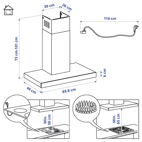 Ikea KULINARISK Hood to be fixed to the wall - stainless steel/glass , 90 cm