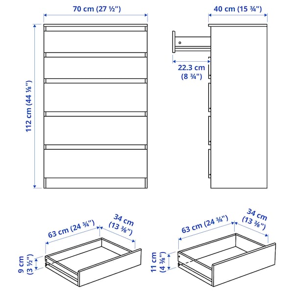 Ikea KULLEN - Chest of 5 drawers, white, 70x112 cm