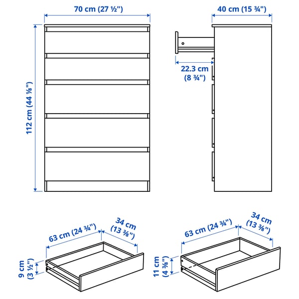 KULLEN chest of 5 drawers, white, 70x40x112 cm