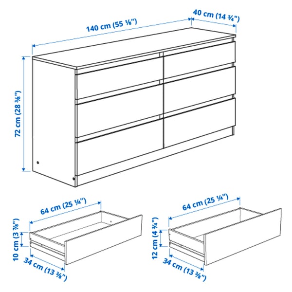 KULLEN - Chest of 6 drawers, white, 140x72 cm