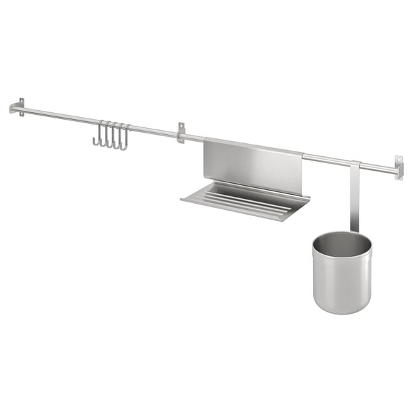 KUNGSFORS rails w hooks, tblt stand+container, stainless steel, 112 cm