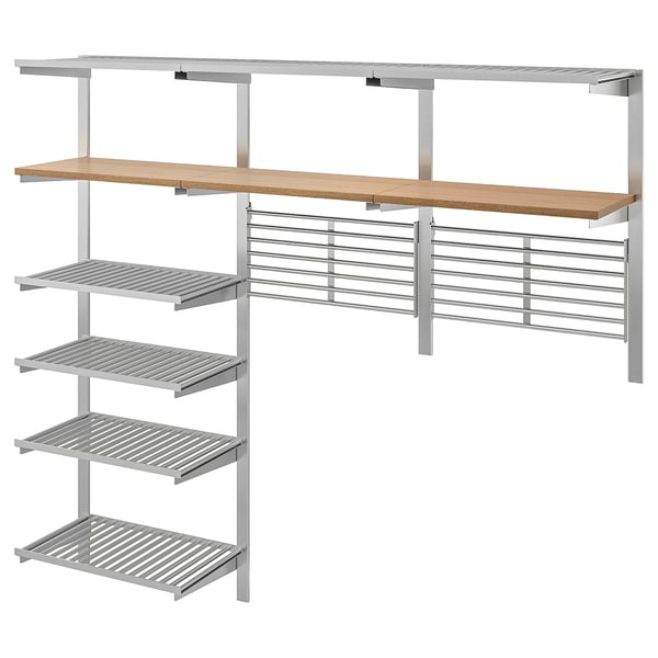 KUNGSFORS suspension rail w shelves/wll grids, stainless steel/ash, 184 cm