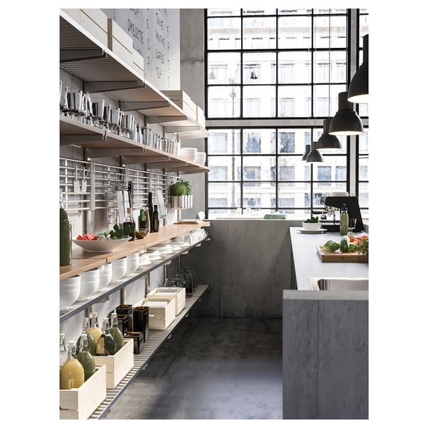 KUNGSFORS suspension rail with shelf/wll grid, stainless steel/ash, 184x160x32 cm