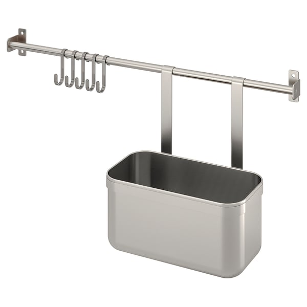 KUNGSFORS - KUNGSFORS Rail with 5 hooks and 1 container, stainless steel, 56 cm
