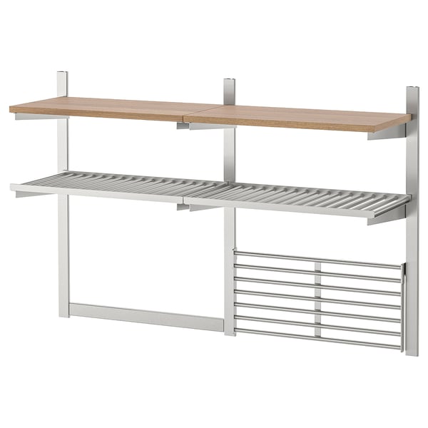 KUNGSFORS susp rail/shlf/mgnt knf rk/wll grid, stainless steel/ash veneer, 124x80x32 cm