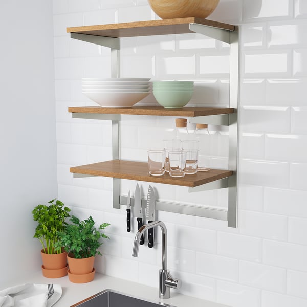 KUNGSFORS susp rail w shelf/mgnt knife rack, stainless steel/ash, 64x80x32 cm