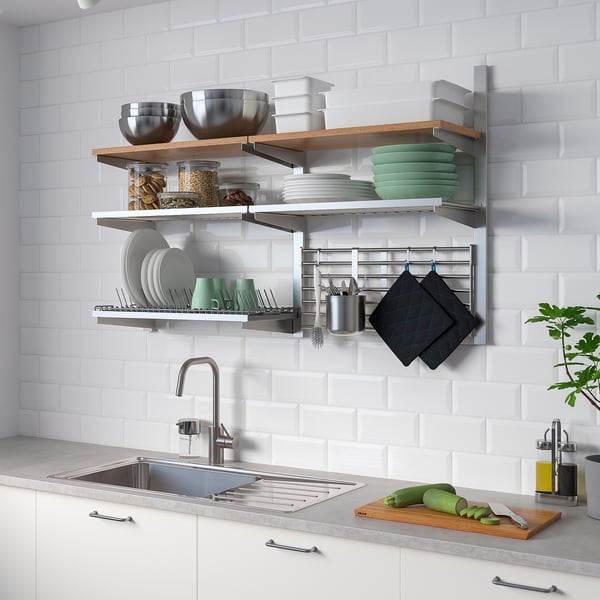 KUNGSFORS susp rail/shlf/dish dra/wll gr, stainless steel/ash, 124x80x32 cm