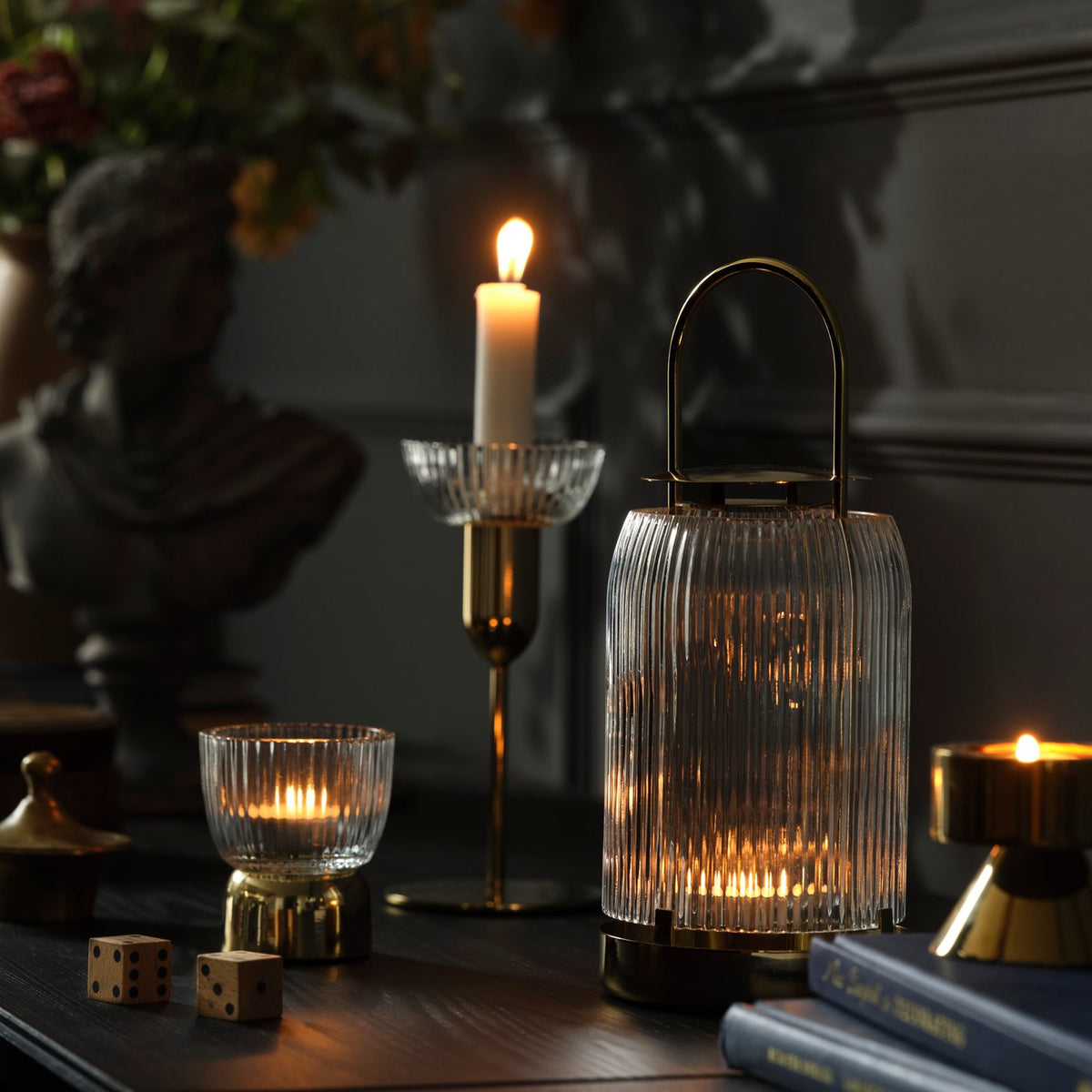 KUNGSTÄRNA lantern for tealight, clear glass/gold-colour, 25 cm