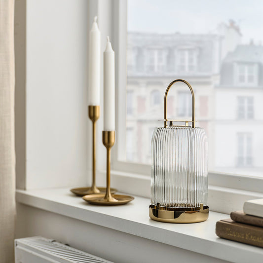 KUNGSTÄRNA lantern for tealight, clear glass/gold-colour, 25 cm