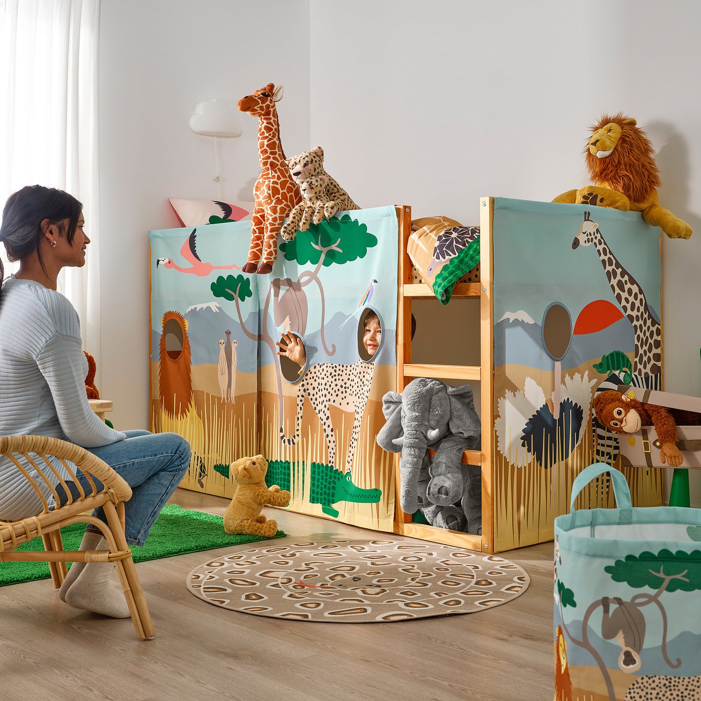 KURA bed curtain, multicolour/animals on the savannah, 167x96 cm