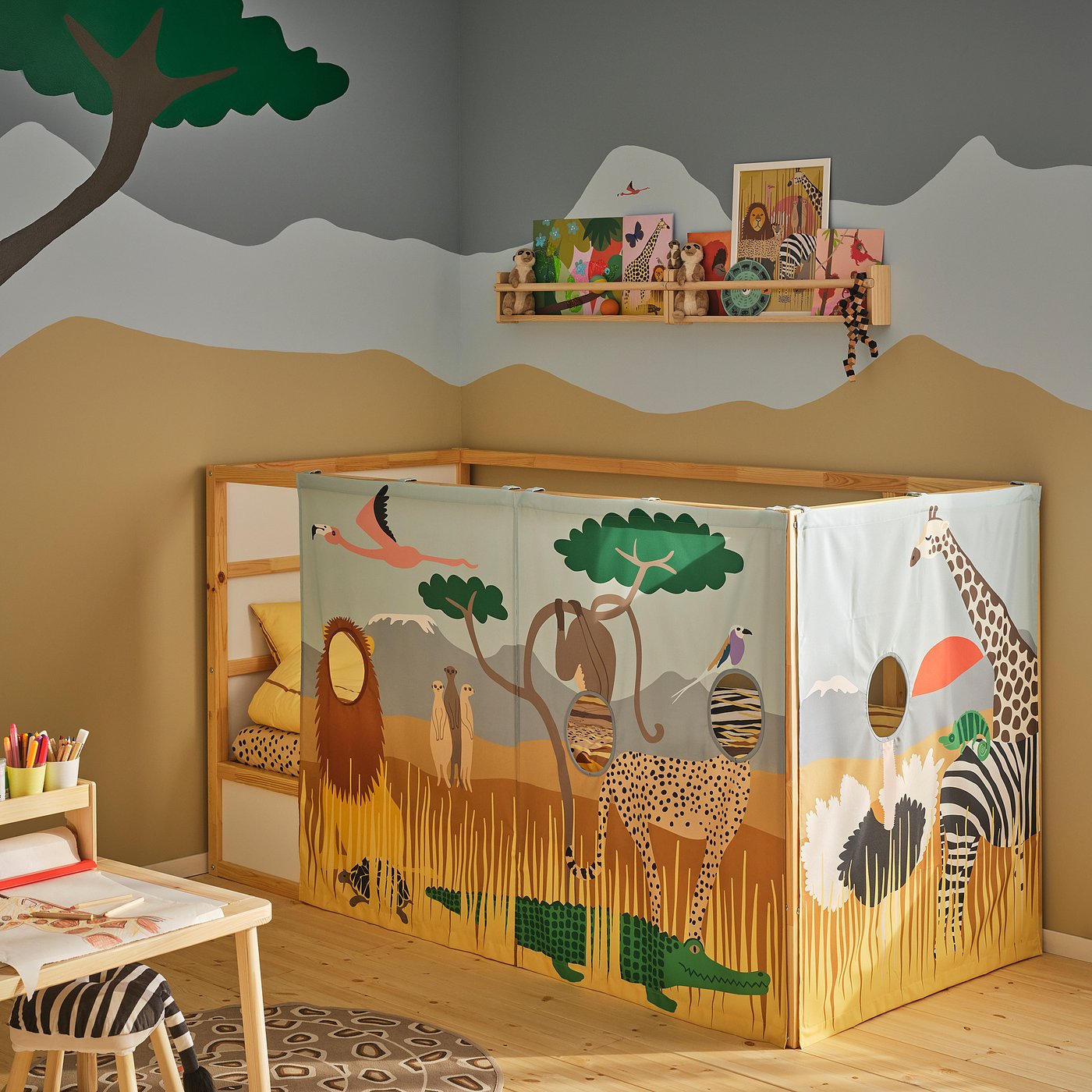 KURA bed curtain, multicolour/animals on the savannah