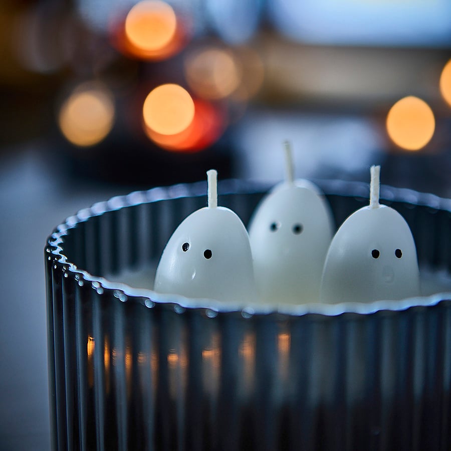 KUSTFYR scented candle in glass, 3 wicks, Jelly candy ghost/black/white, 28 hr