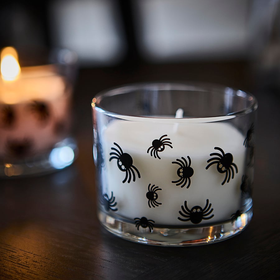 KUSTFYR scented candle in glass, Jelly candy spider pattern/clear glass, 20 hr
