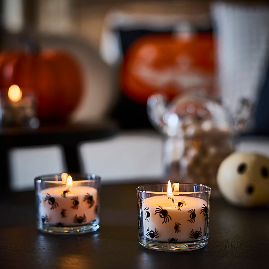 KUSTFYR scented candle in glass, Jelly candy spider pattern/clear glass, 20 hr
