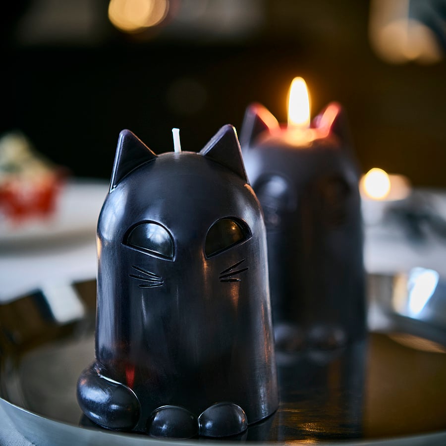 KUSTFYR unscented pillar candle, cat black, 12 cm