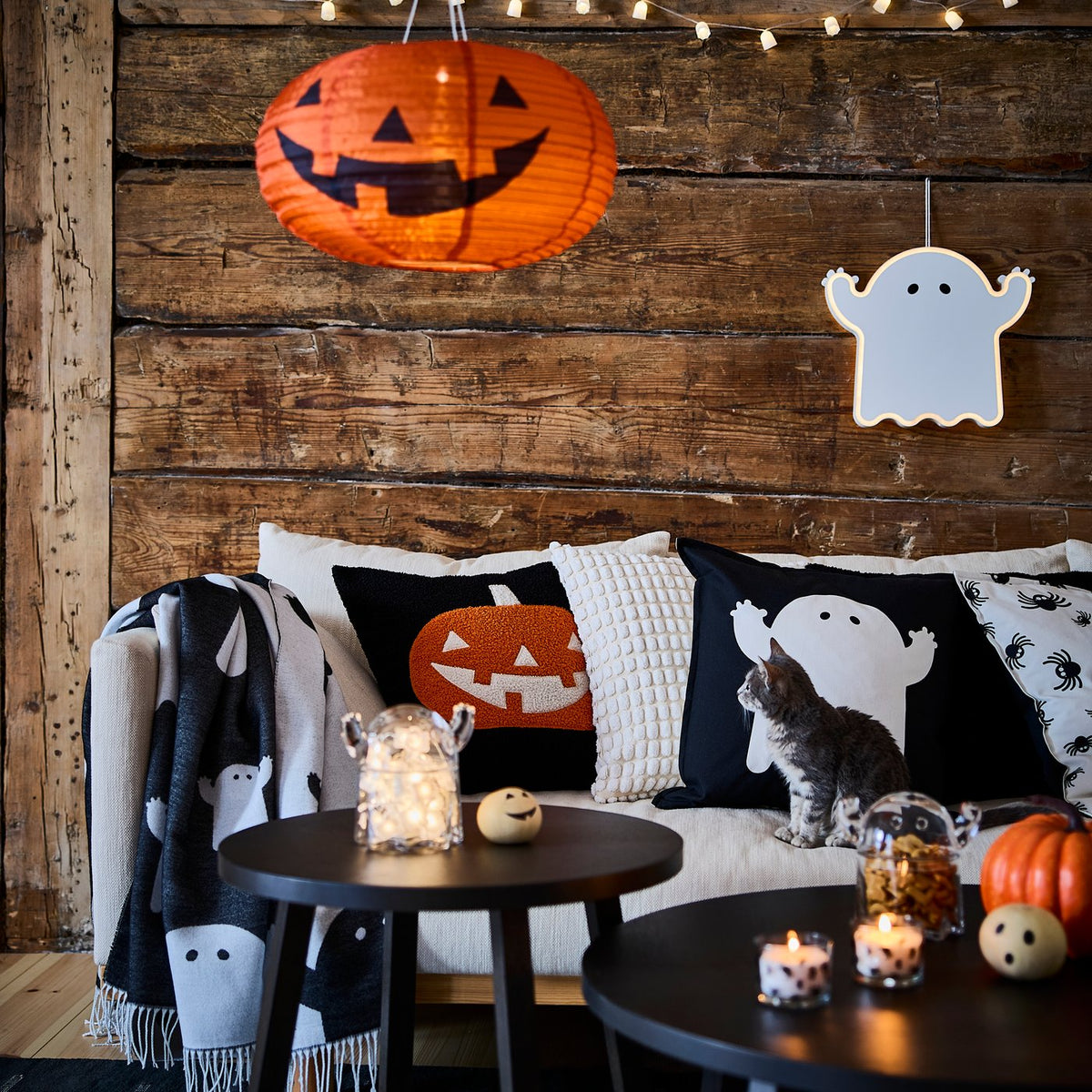 KUSTFYR cushion cover, pumpkin pattern black/orange, 50x50 cm