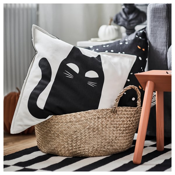 KUSTFYR pillow cover, white/black cat pattern, 50x50 cm