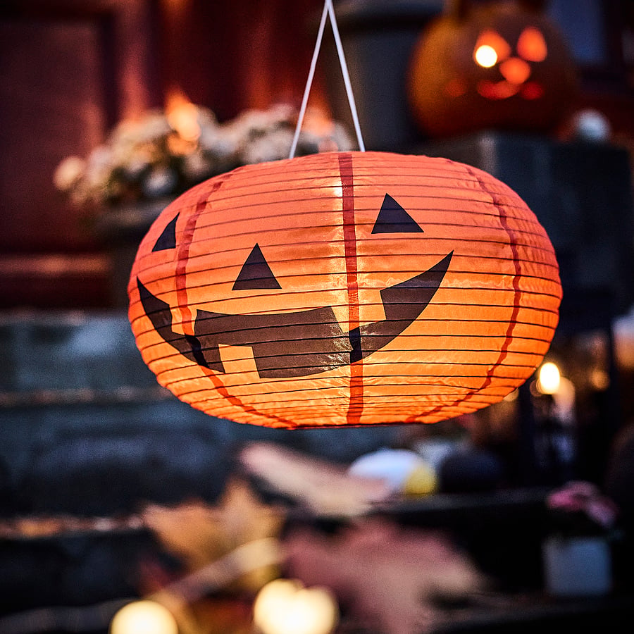 KUSTFYR LED pendant lamp, pumpkin battery-operated/outdoor orange, 44 cm