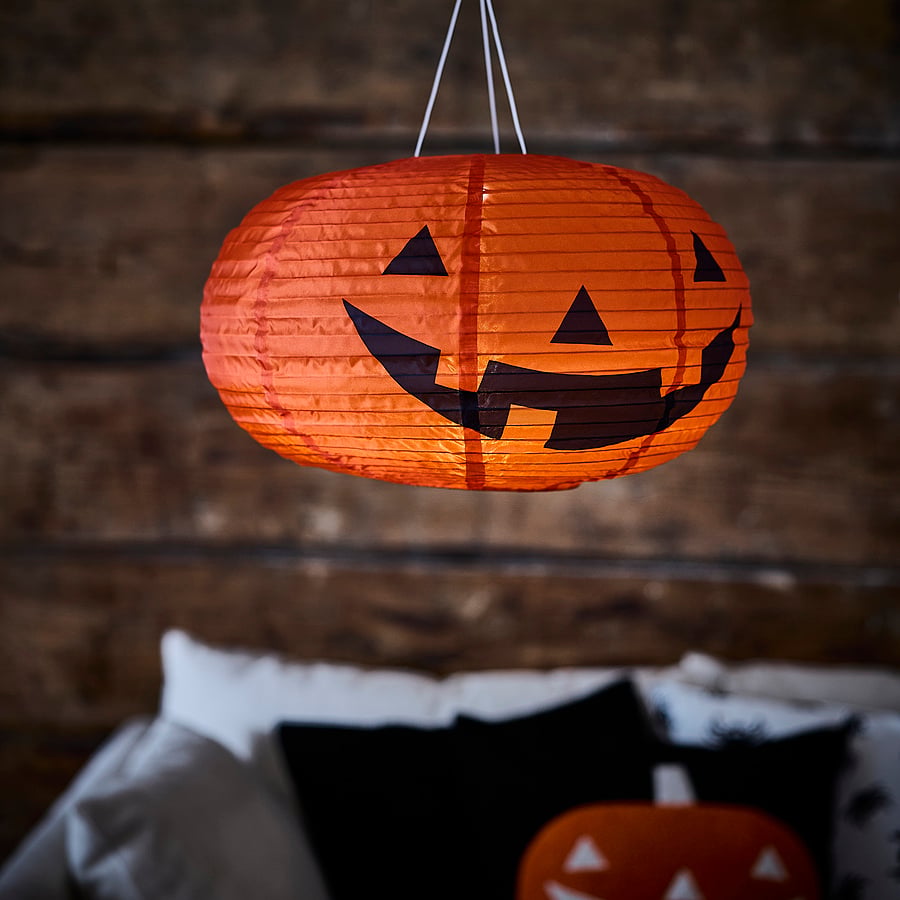 KUSTFYR LED pendant lamp, pumpkin battery-operated/outdoor orange, 44 cm
